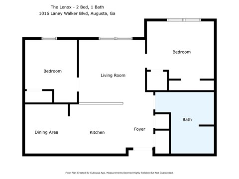 A floor plan for a 2 bedroom, 1 bathroom apartment.
